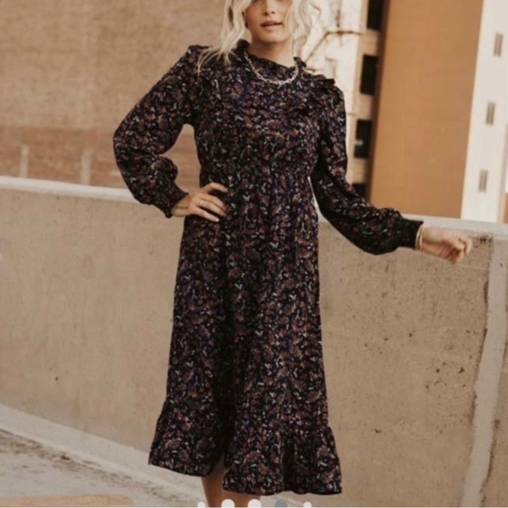 Bohme Modest Long Sleeve Smocked Floral Ruffle Midi Dress Size M
